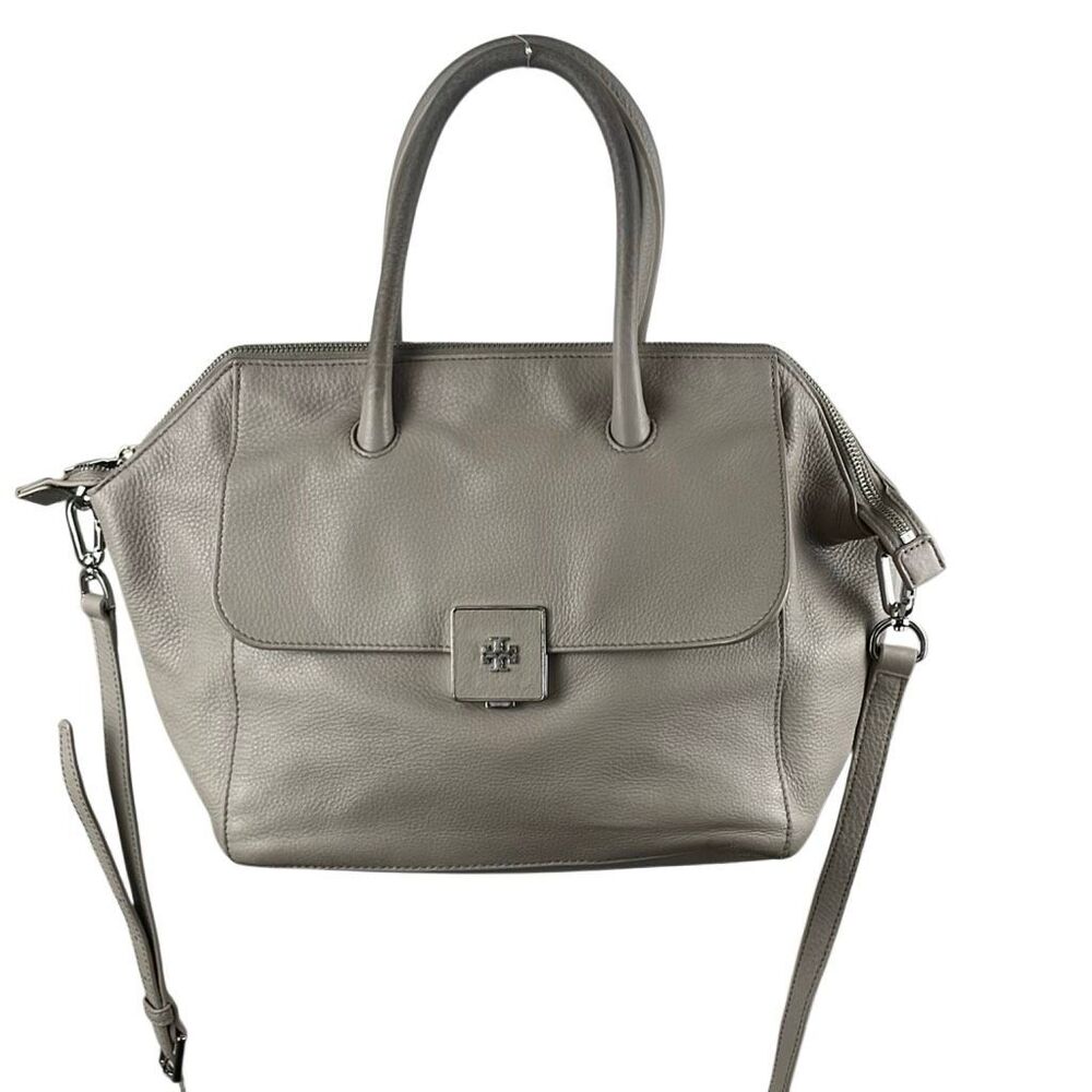Tory Burch Clara Taupe Pebbled Leather Top-Handle Satchel with Silver Logo